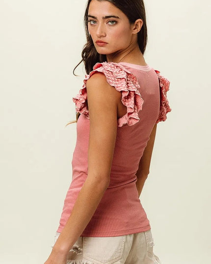 BiBi Rib Knit With Textured Ruffled Top - Sleekdenim.com