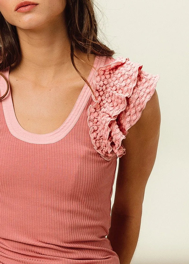 BiBi Rib Knit With Textured Ruffled Top - Sleekdenim.com