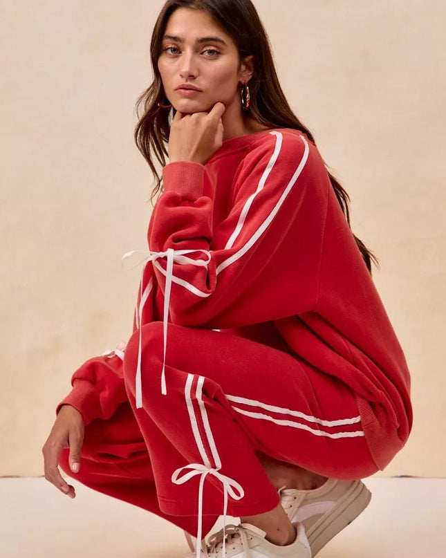 BiBi Side Lined Bow Details Fleece Sweatpants - Sleekdenim.com