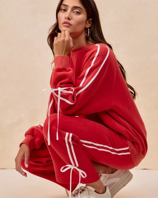 BiBi Side Lined Bow Details Fleece Sweatpants - Sleekdenim.com