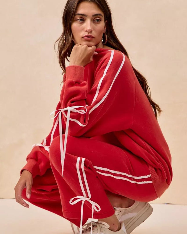 BiBi Side Lined Bow Details Fleece Sweatpants - Sleekdenim.com