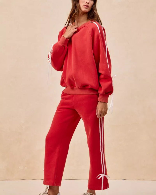 BiBi Side Lined Bow Details Fleece Sweatpants - Sleekdenim.com