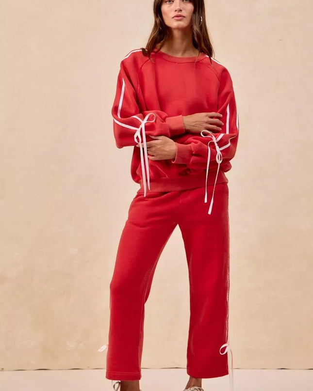 BiBi Side Lined Bow Details Fleece Sweatpants - Sleekdenim.com