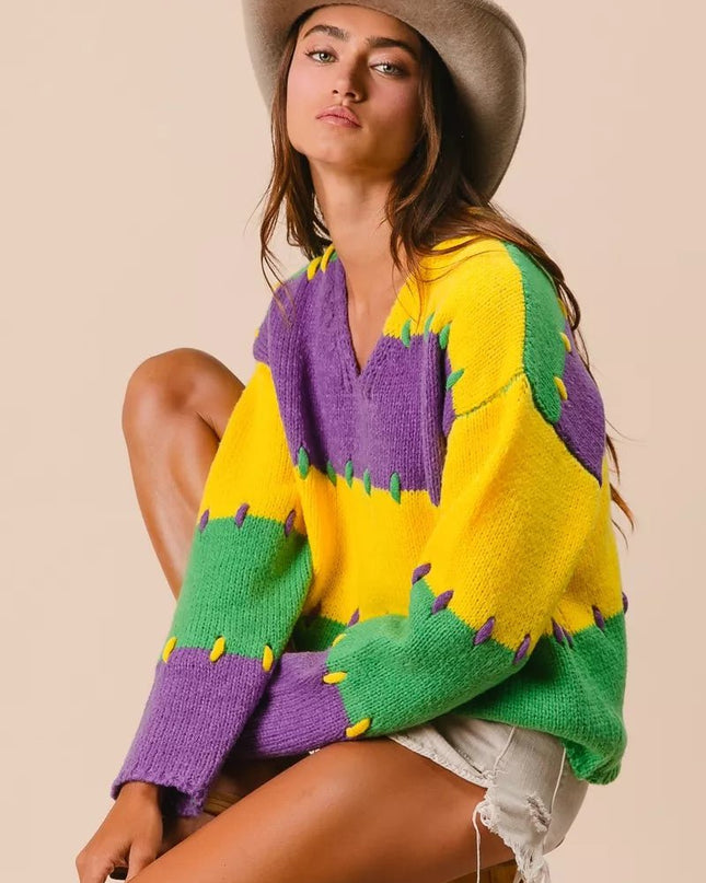 BiBi Stitch Detail Mardi Gras Stripes Sweater - Sleekdenim.com