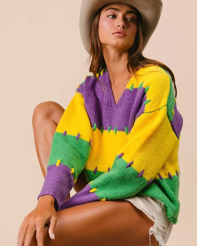 BiBi Stitch Detail Mardi Gras Stripes Sweater - Sleekdenim.com