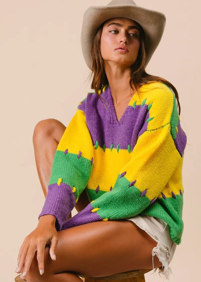BiBi Stitch Detail Mardi Gras Stripes Sweater - Sleekdenim.com