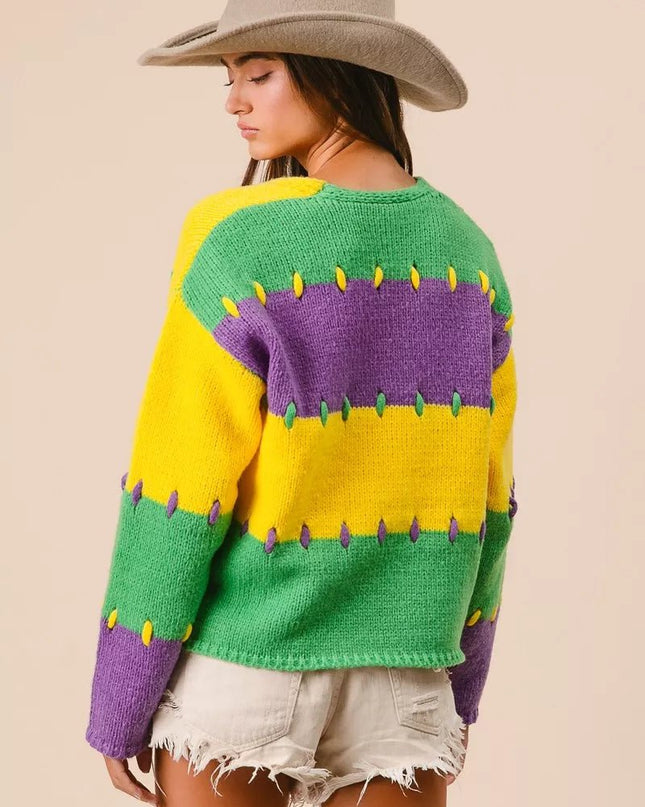 BiBi Stitch Detail Mardi Gras Stripes Sweater - Sleekdenim.com