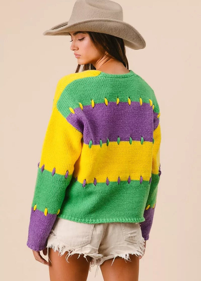 BiBi Stitch Detail Mardi Gras Stripes Sweater - Sleekdenim.com
