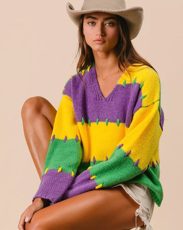BiBi Stitch Detail Mardi Gras Stripes Sweater - Sleekdenim.com