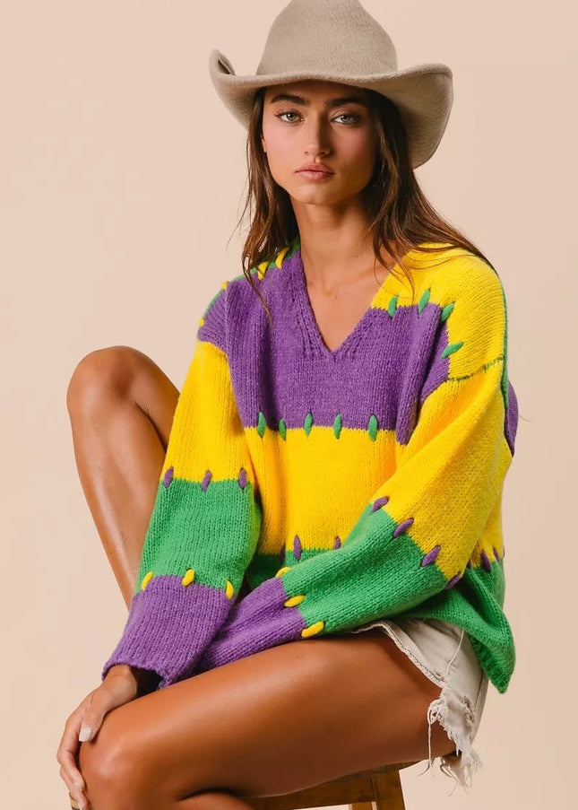 BiBi Stitch Detail Mardi Gras Stripes Sweater - Sleekdenim.com