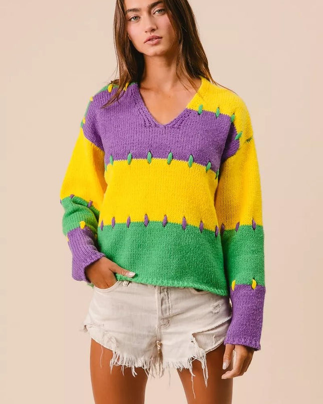 BiBi Stitch Detail Mardi Gras Stripes Sweater - Sleekdenim.com