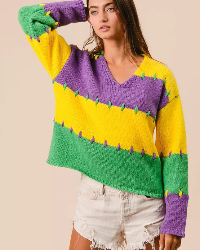 BiBi Stitch Detail Mardi Gras Stripes Sweater - Sleekdenim.com