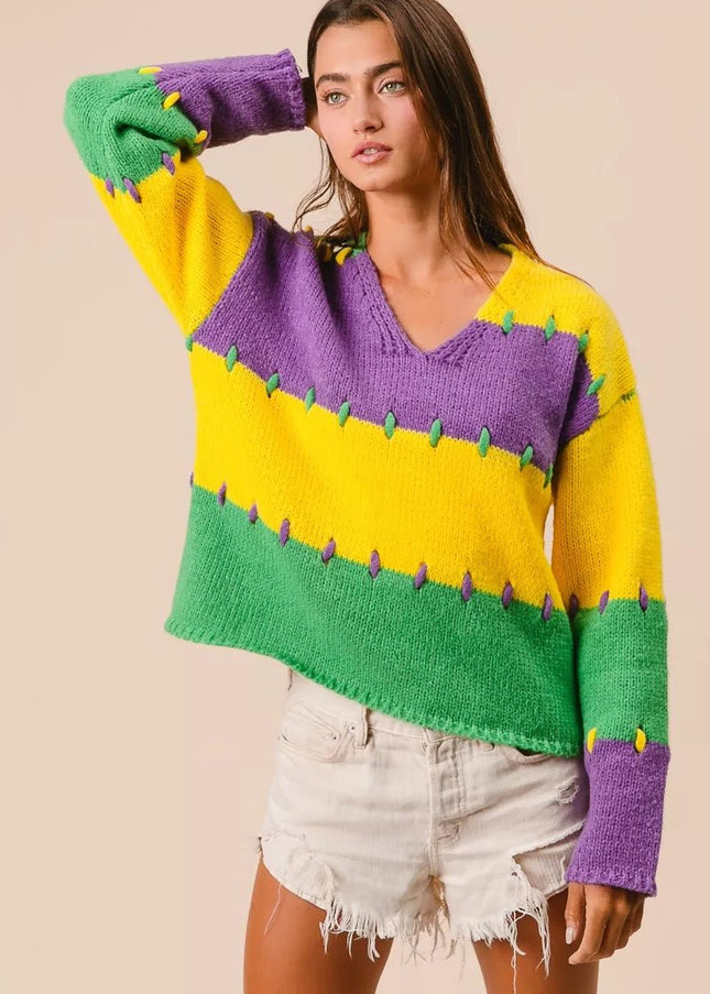 BiBi Stitch Detail Mardi Gras Stripes Sweater - Sleekdenim.com