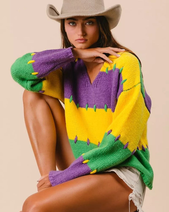 BiBi Stitch Detail Mardi Gras Stripes Sweater - Sleekdenim.com