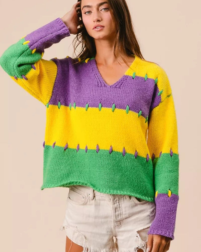 BiBi Stitch Detail Mardi Gras Stripes Sweater - Sleekdenim.com