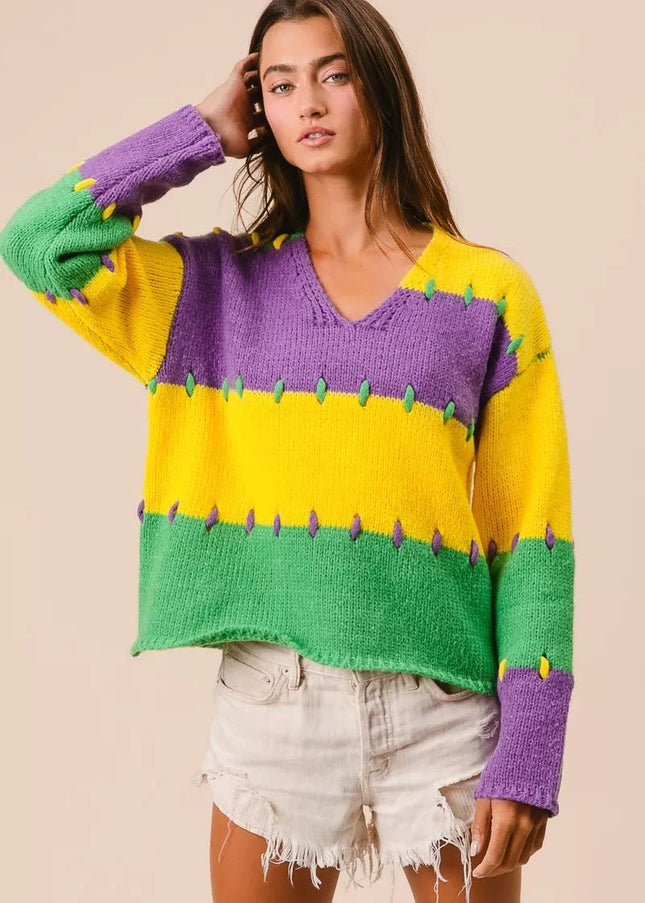 BiBi Stitch Detail Mardi Gras Stripes Sweater - Sleekdenim.com