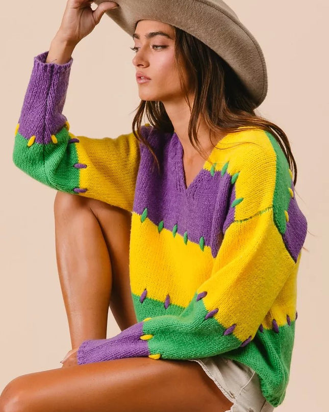 BiBi Stitch Detail Mardi Gras Stripes Sweater - Sleekdenim.com