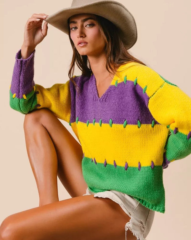 BiBi Stitch Detail Mardi Gras Stripes Sweater - Sleekdenim.com