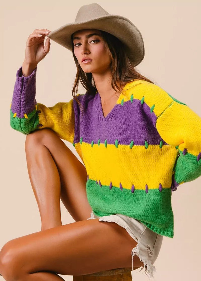 BiBi Stitch Detail Mardi Gras Stripes Sweater - Sleekdenim.com