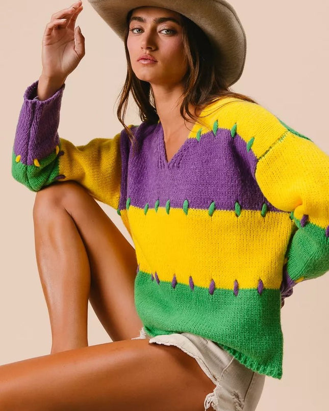BiBi Stitch Detail Mardi Gras Stripes Sweater - Sleekdenim.com