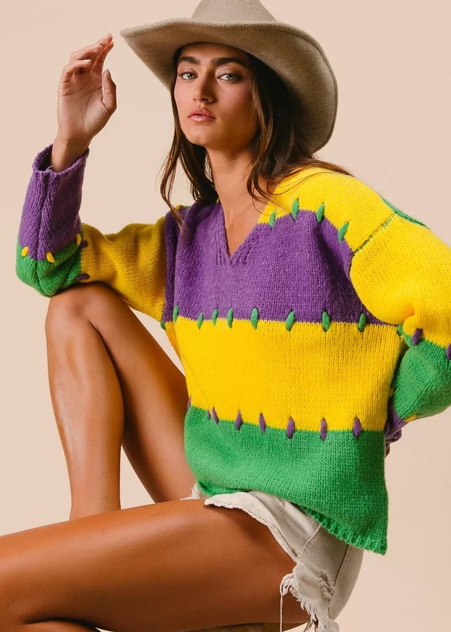 BiBi Stitch Detail Mardi Gras Stripes Sweater - Sleekdenim.com