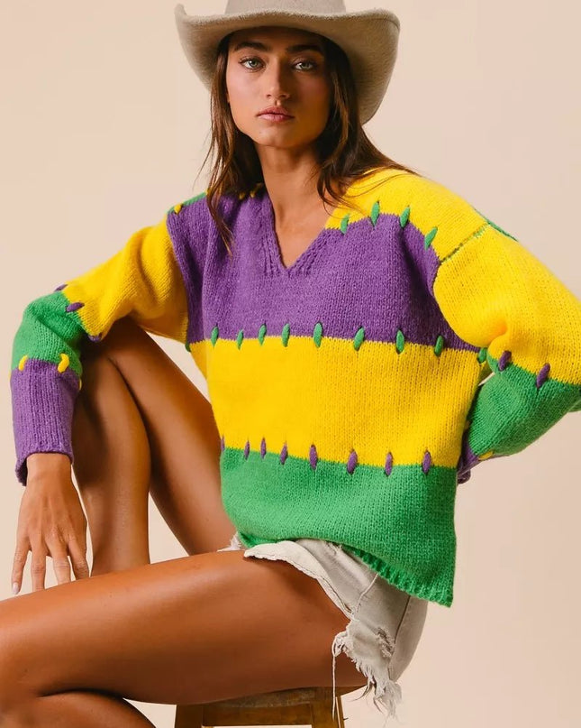 BiBi Stitch Detail Mardi Gras Stripes Sweater - Sleekdenim.com