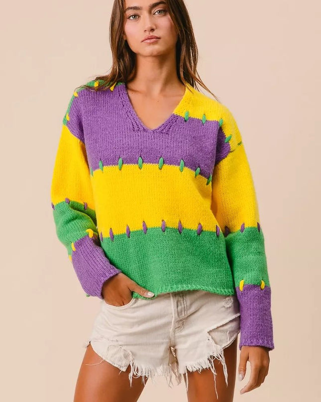 BiBi Stitch Detail Mardi Gras Stripes Sweater - Sleekdenim.com