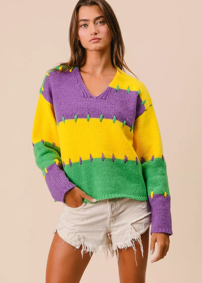 BiBi Stitch Detail Mardi Gras Stripes Sweater - Sleekdenim.com