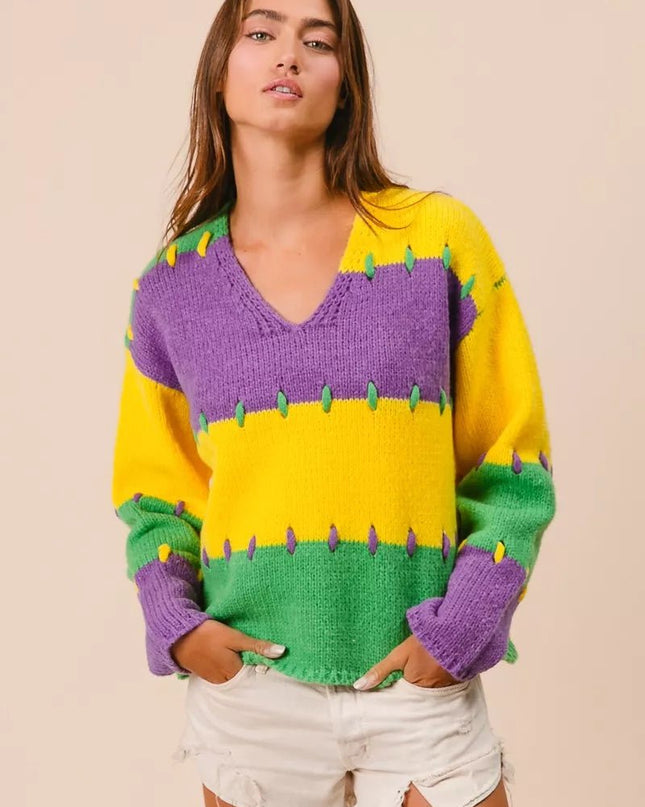 BiBi Stitch Detail Mardi Gras Stripes Sweater - Sleekdenim.com