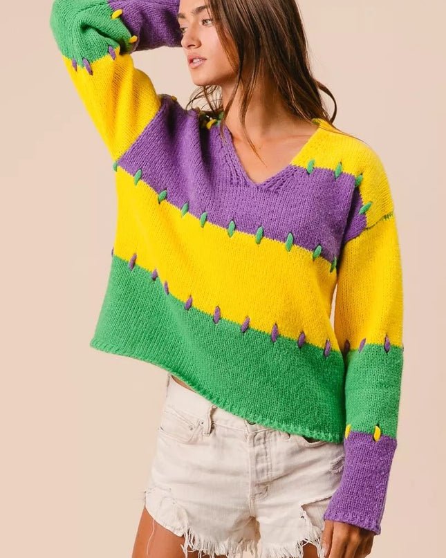 BiBi Stitch Detail Mardi Gras Stripes Sweater - Sleekdenim.com