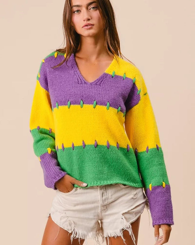 BiBi Stitch Detail Mardi Gras Stripes Sweater - Sleekdenim.com