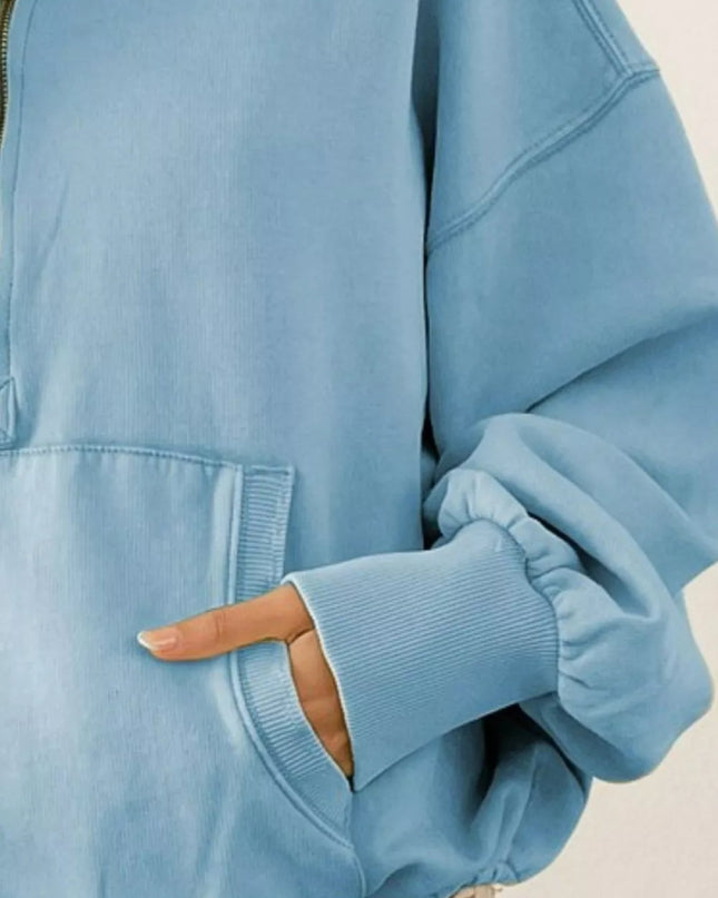 BiBi Stitch Detailed Elastic Hem Half Zip Fleece Hoodie - Sleekdenim.com