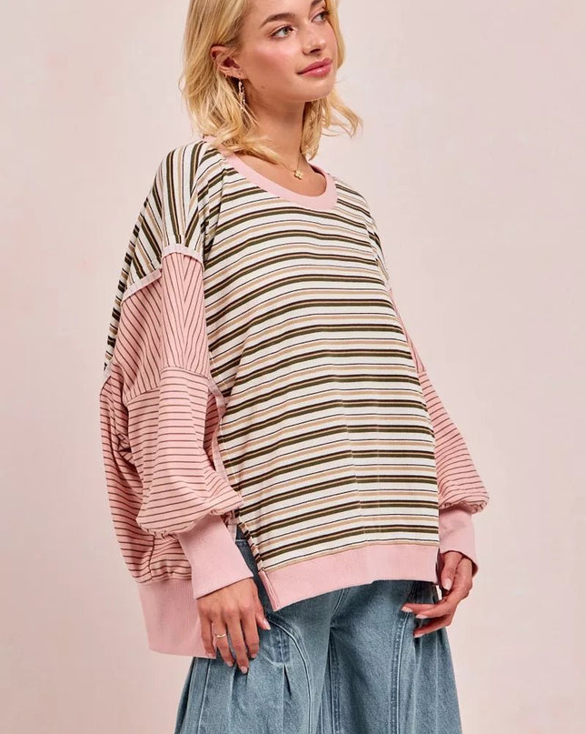 BiBi Stripe Mixed Top With Cut Edge And Reverse Outseam - Sleekdenim.com