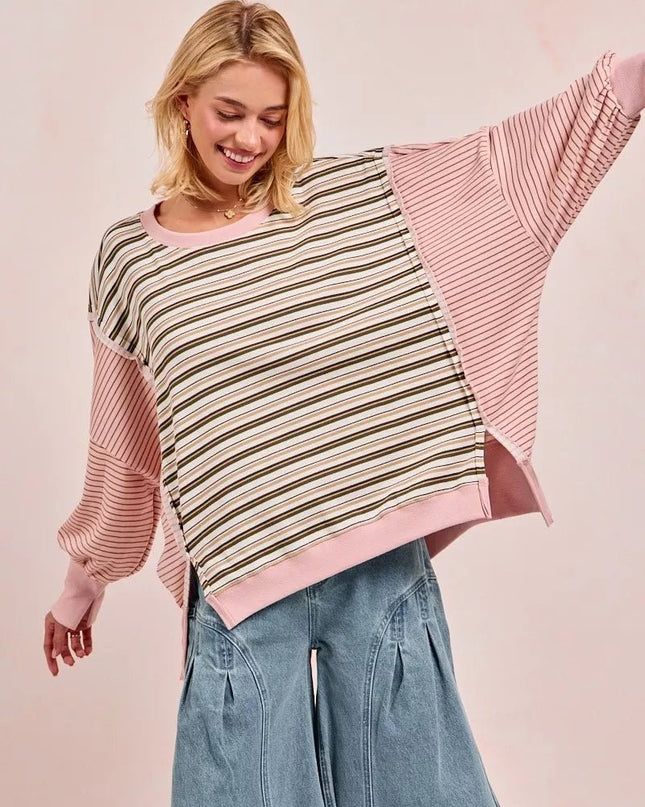 BiBi Stripe Mixed Top With Cut Edge And Reverse Outseam - Sleekdenim.com