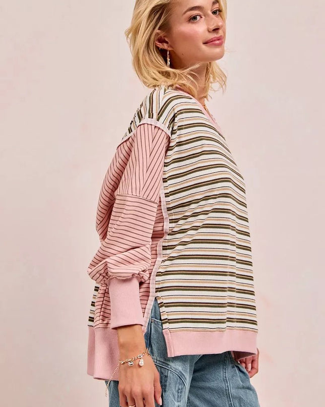 BiBi Stripe Mixed Top With Cut Edge And Reverse Outseam - Sleekdenim.com