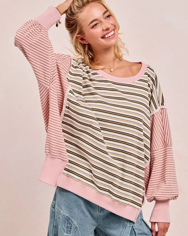 BiBi Stripe Mixed Top With Cut Edge And Reverse Outseam - Sleekdenim.com