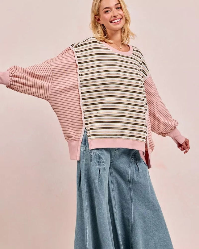 BiBi Stripe Mixed Top With Cut Edge And Reverse Outseam - Sleekdenim.com