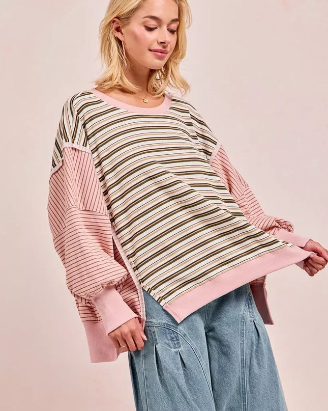 BiBi Stripe Mixed Top With Cut Edge And Reverse Outseam - Sleekdenim.com