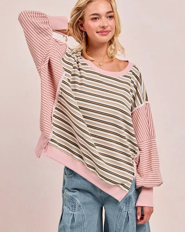 BiBi Stripe Mixed Top With Cut Edge And Reverse Outseam - Sleekdenim.com