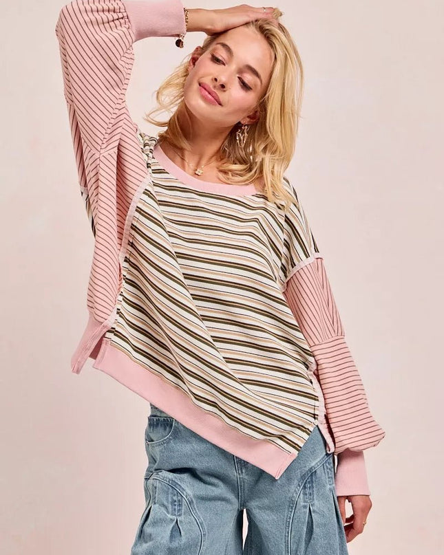 BiBi Stripe Mixed Top With Cut Edge And Reverse Outseam - Sleekdenim.com