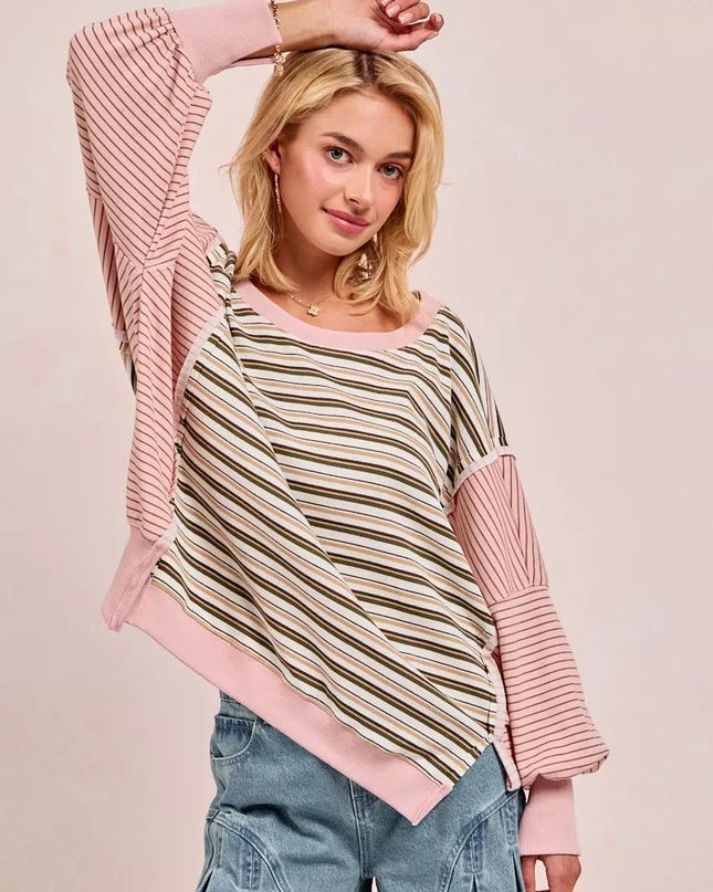 BiBi Stripe Mixed Top With Cut Edge And Reverse Outseam - Sleekdenim.com