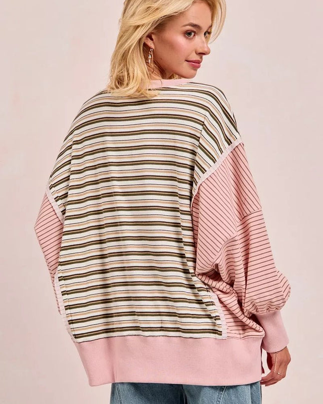 BiBi Stripe Mixed Top With Cut Edge And Reverse Outseam - Sleekdenim.com