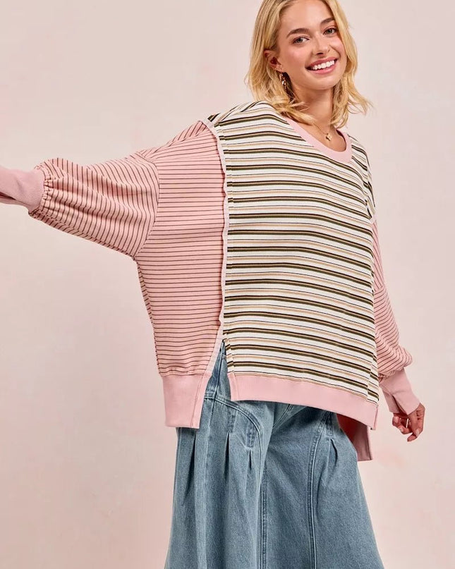 BiBi Stripe Mixed Top With Cut Edge And Reverse Outseam - Sleekdenim.com