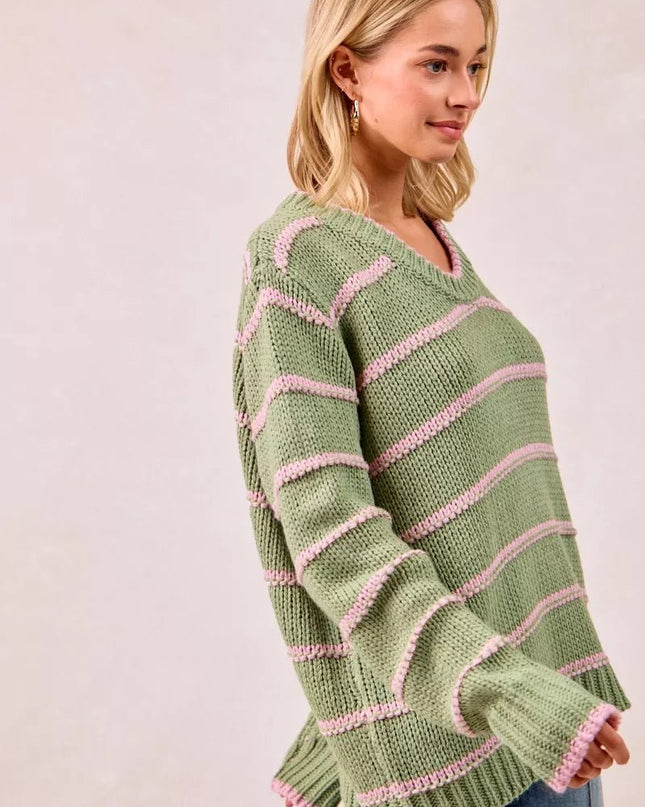 BiBi Striped Long Sleeve Sweater - Sleekdenim.com
