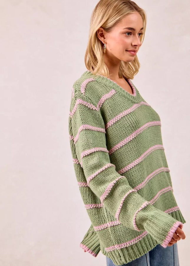 BiBi Striped Long Sleeve Sweater - Sleekdenim.com