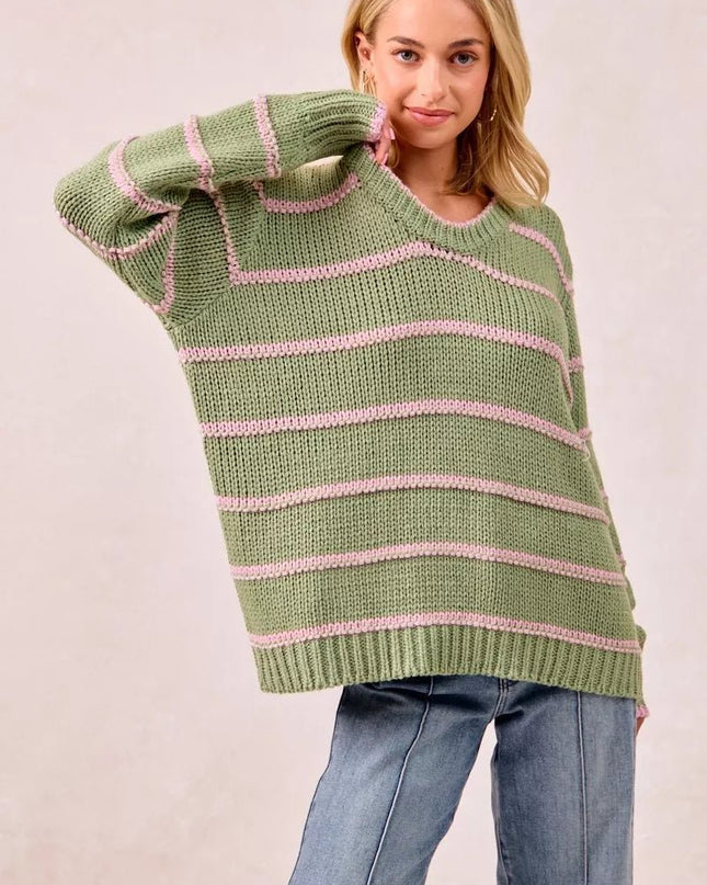 BiBi Striped Long Sleeve Sweater - Sleekdenim.com