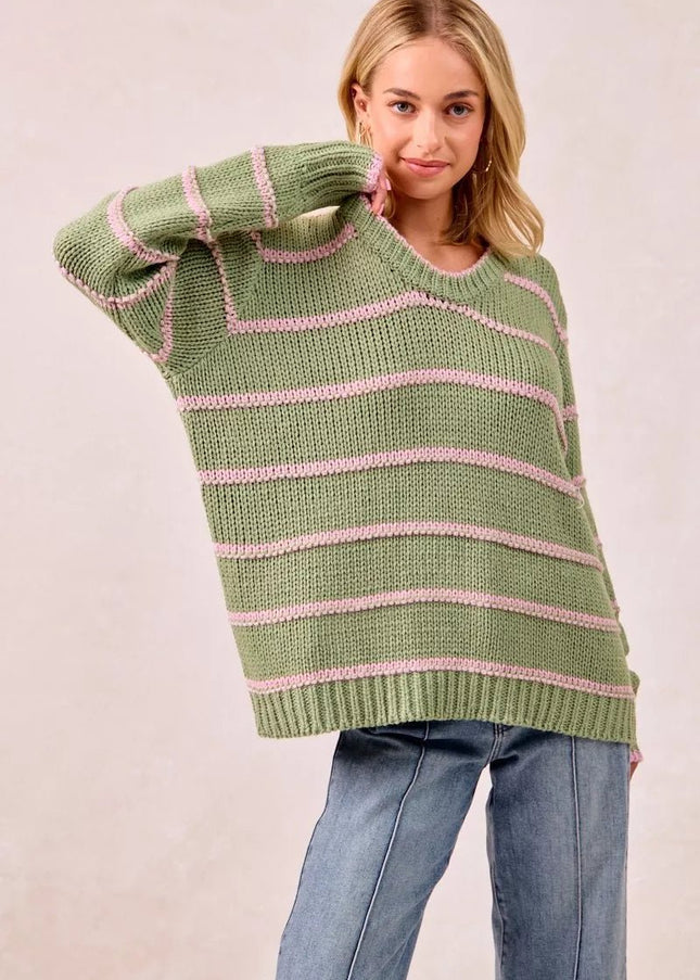 BiBi Striped Long Sleeve Sweater - Sleekdenim.com
