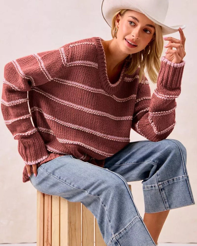 BiBi Striped Long Sleeve Sweater - Sleekdenim.com