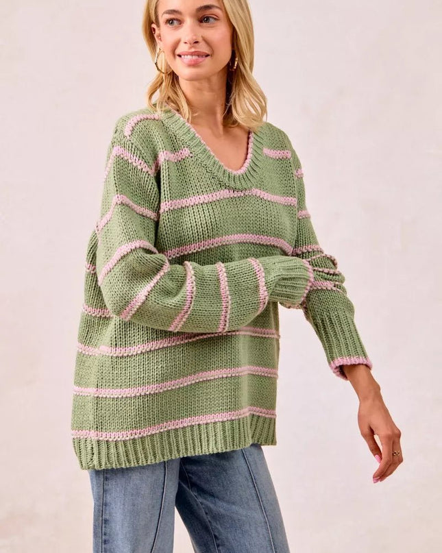 BiBi Striped Long Sleeve Sweater - Sleekdenim.com
