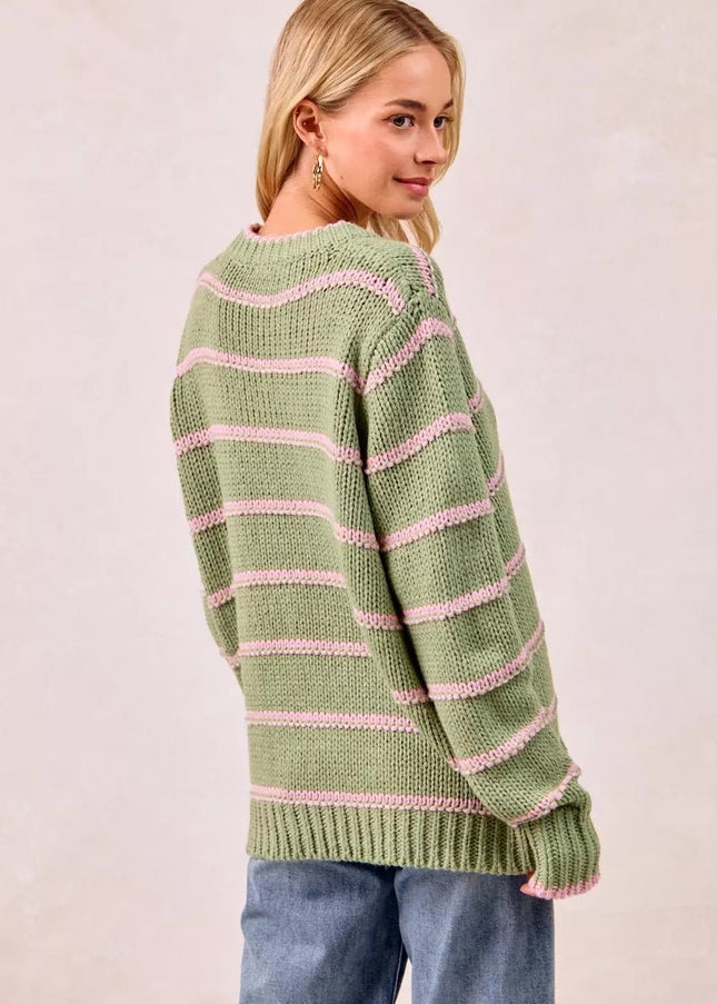 BiBi Striped Long Sleeve Sweater - Sleekdenim.com